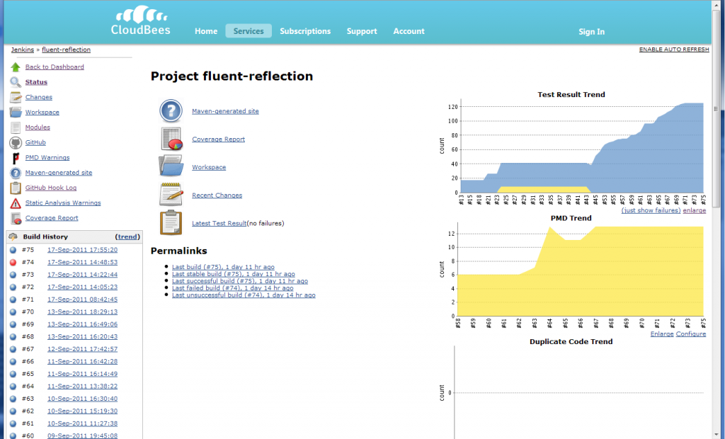 Screenshot of the fluent reflection jenkins build on cloudbees
